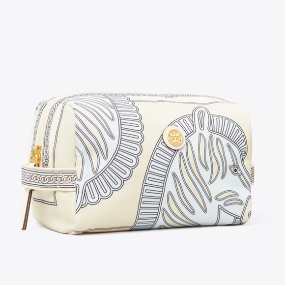 Tory Burch Virginia Printed Large Cosmetic Case Bag Blue Zebra Gold Blue Cream - Picture 9 of 10